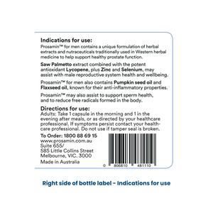 Prosamin for Men prostate supplement right side label showing directions and product information